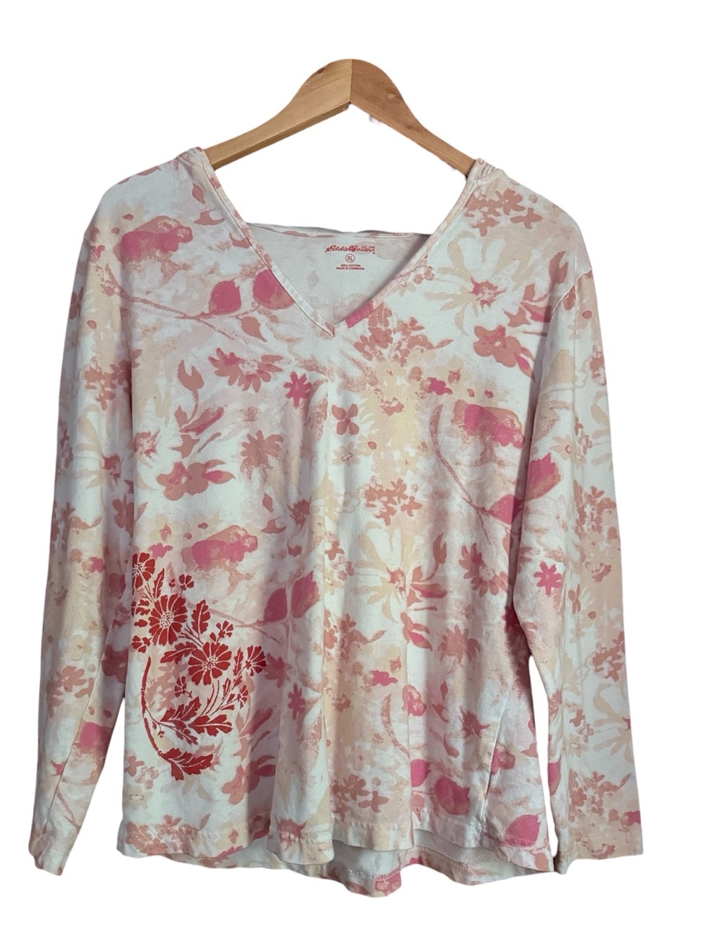Eddie Bauer Pink and White Floral V-Neck Long Sleeve Top with Hood